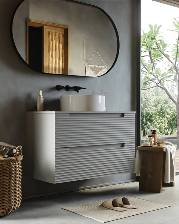 Mobile bagno clear grey 100x45 Mango lavabo tondo da, dettaglio ravvicinato della finitura e del cassetto - Exagonshop