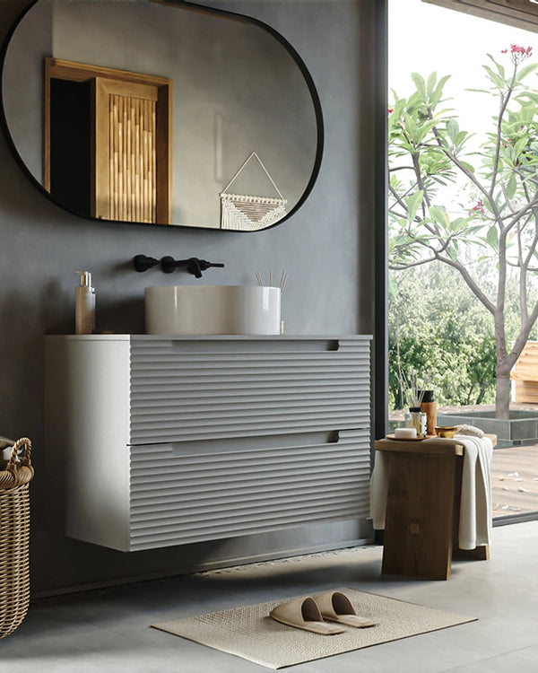 Mobile bagno clear grey 80x45 Mango lavabo tondo da, dettaglio ravvicinato della finitura e del cassetto - Exagonshop