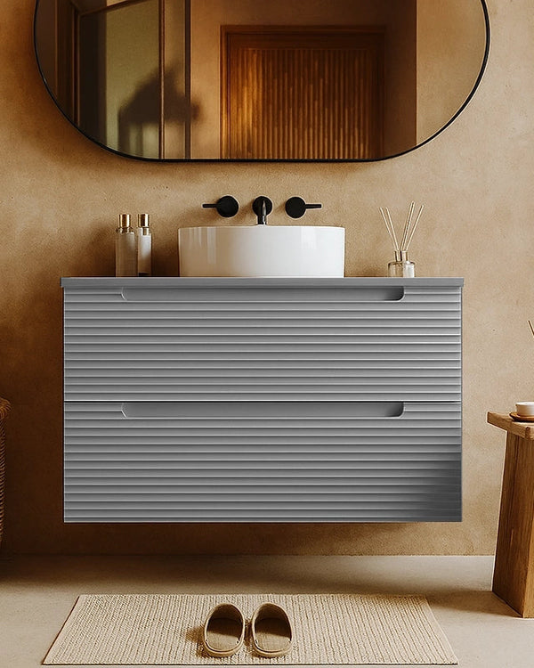 Mobile bagno clear grey 100x45 Mango lavabo tondo da con lavabo e rubinetteria, vista frontale su sfondo neutro - Exagonshop