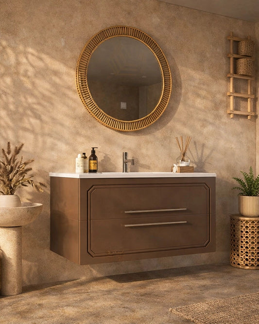 Mobile bagno creta opaco 100x46 Vienna con lavabo lucido ambientato in bagno moderno con specchio e accessori - Exagonshop