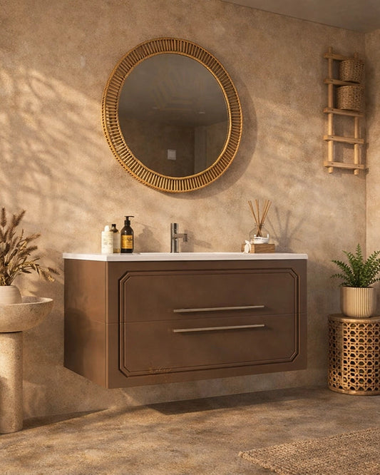 Mobile bagno creta opaco 80x46 Vienna lavabo in ceramica ambientato in bagno moderno con specchio e accessori - Exagonshop