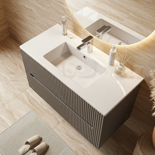 Mobile bagno grigio 100x46 cannettato Urbino 2.0 con lavabo in resina e due cassetti