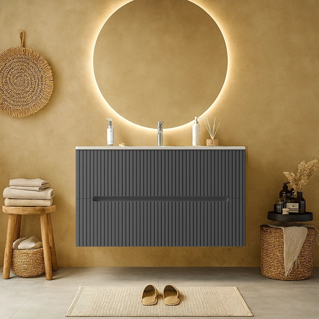 Mobile bagno grigio 100x46 cannettato Urbino 2.0 con lavabo in resina e due cassetti