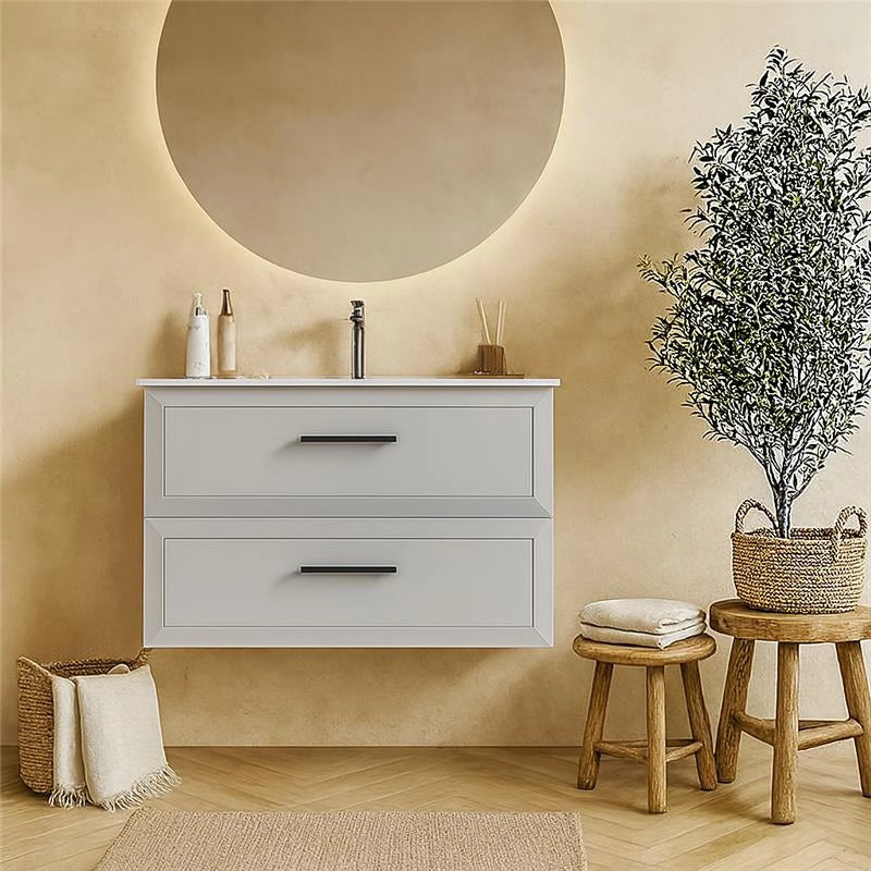 Mobile bagno grigio chiaro 100x45 Praga due cassetti soft close con lavabo in ceramica