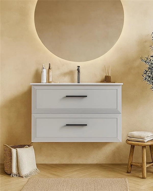 Mobile bagno grigio chiaro 100x45 Praga lavabo in ceramica in lucido con lavabo e rubinetteria, vista frontale su sfondo...