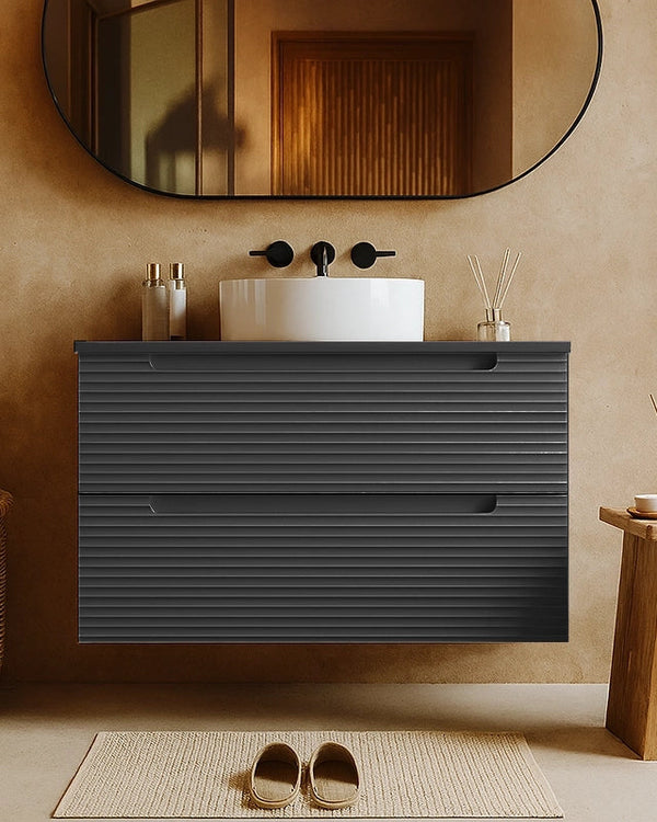 Mobile bagno grigio scuro 100x45 Mango lavabo da appoggio con lavabo e rubinetteria, vista frontale su sfondo neutro...