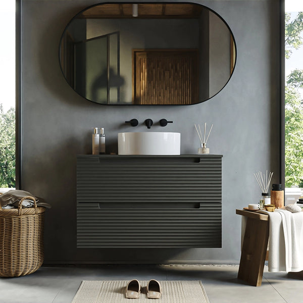 Mobile bagno grigio scuro 100x45 Mango due cassetti soft close con lavabo tondo da appoggio in ceramica lucida