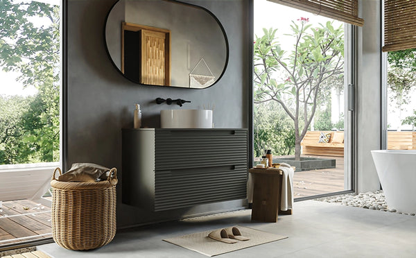 Mobile bagno grigio scuro 80x45 Mango due cassetti soft close con lavabo tondo da appoggio in ceramica lucida