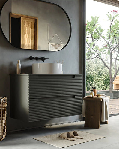 Mobile bagno grigio scuro 100x45 Mango lavabo da appoggio, dettaglio ravvicinato della finitura e del cassetto - Exagonshop