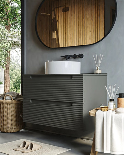 Mobile bagno grigio scuro 100x45 Mango lavabo da appoggio, vista laterale della struttura sospesa - Exagonshop