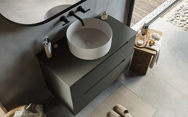 Mobile bagno grigio scuro 80x45 Mango due cassetti soft close con lavabo tondo da appoggio in ceramica lucida