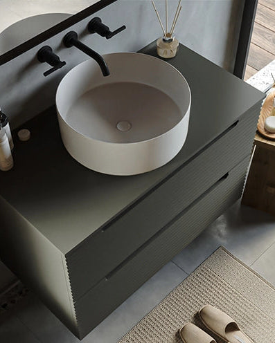 Mobile bagno grigio scuro 80x45 Mango lavabo tondo da Dark Grey, dettaglio ravvicinato della finitura e del cassetto...