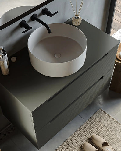 Mobile bagno grigio scuro 100x45 Mango lavabo da appoggio, vista dall'alto del piano con lavabo - Exagonshop
