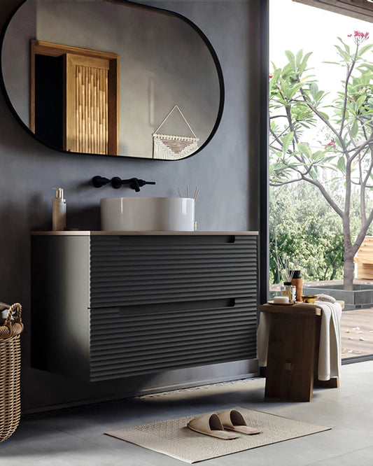 Mobile bagno grigio scuro 100x45 Mango top quercia e lavabo, vista dall'alto del piano con lavabo - Exagonshop