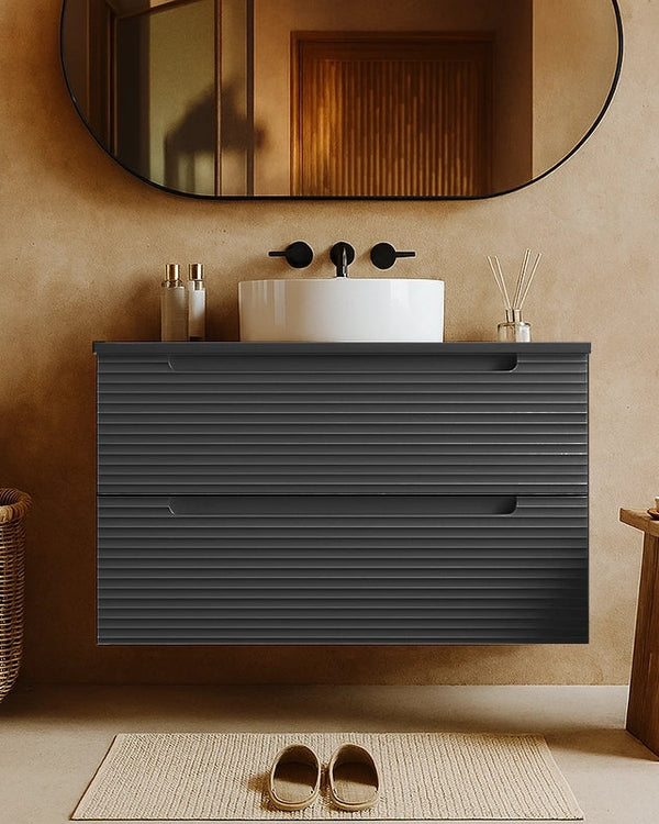 Mobile bagno grigio scuro 80x45 Mango lavabo tondo da Dark Grey con lavabo e rubinetteria, vista frontale su sfondo...