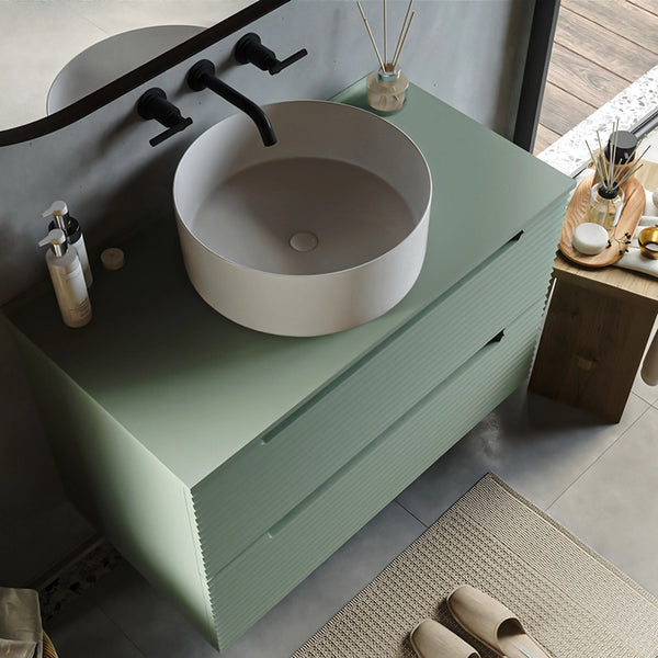 Mobile bagno muschio 80x45 Mango due cassetti soft close con lavabo tondo da appoggio in ceramica lucida