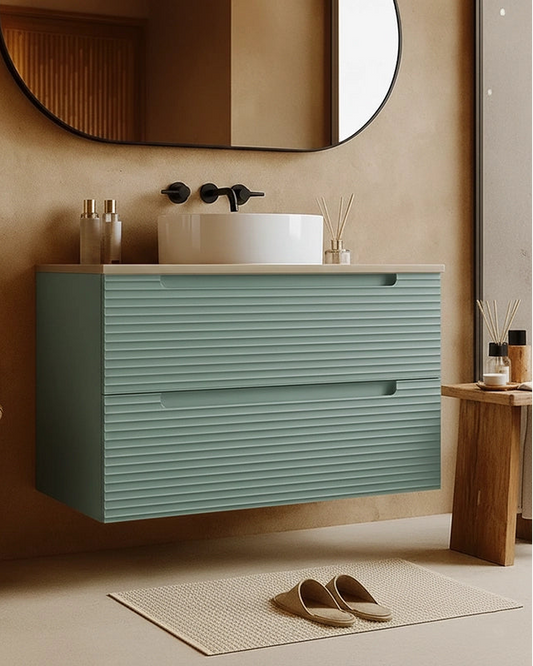 Mobile bagno muschio 100x45 Mango top quercia e lavabo da Musk ambientato in bagno moderno con specchio e accessori...
