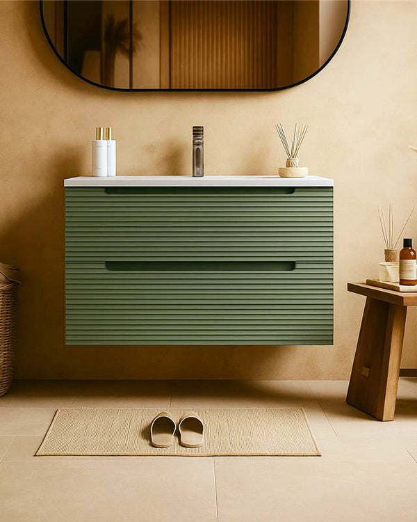 Mobile bagno muschio 100x45 Mango lavabo in ceramica lucida Musk in naturale con lavabo e rubinetteria, vista frontale su...