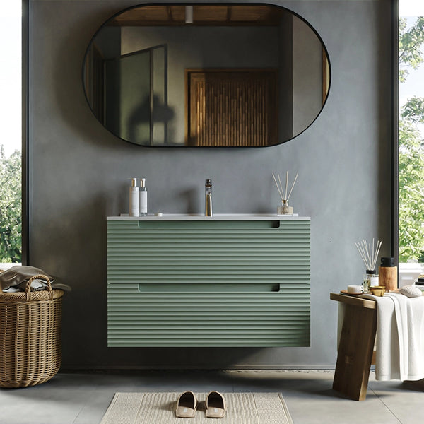 Mobile bagno muschio 80x45 Mango due cassetti soft close con lavabo in ceramica lucida