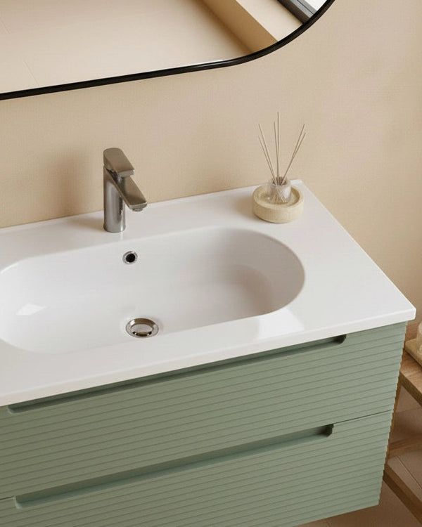 Mobile bagno muschio 100x45 Mango lavabo in ceramica lucida Musk, vista laterale della struttura sospesa - Exagonshop
