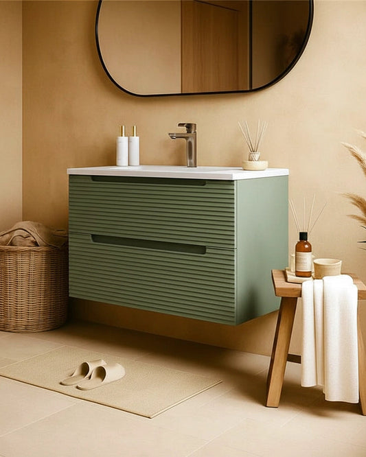 Mobile bagno muschio 80x45 Mango lavabo in ceramica lucida Musk ambientato in bagno moderno con specchio e accessori...