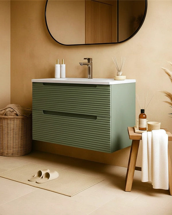 Mobile bagno muschio 80x45 Mango lavabo in ceramica lucida Musk ambientato in bagno moderno con specchio e accessori...
