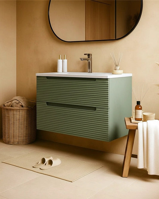 Mobile bagno muschio 100x45 Mango lavabo in ceramica lucida Musk ambientato in bagno moderno con specchio e accessori...