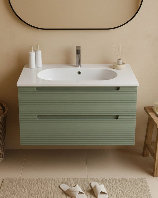 Mobile bagno muschio 80x45 Mango lavabo in ceramica lucida Musk, vista dall'alto del piano con lavabo - Exagonshop