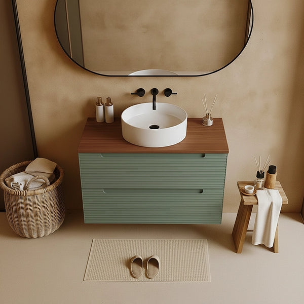 Mobile bagno muschio 80x45 Mango top noce e lavabo tondo da appoggio in ceramica