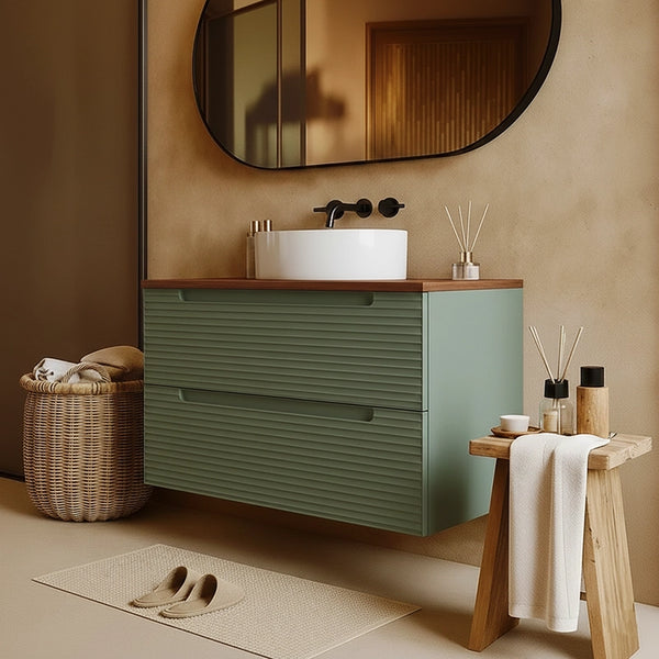Mobile bagno muschio 80x45 Mango top noce e lavabo tondo da appoggio in ceramica