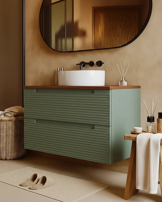Mobile bagno muschio 80x45 Mango top noce e lavabo da Musk ambientato in bagno moderno con specchio e accessori - Exagonshop