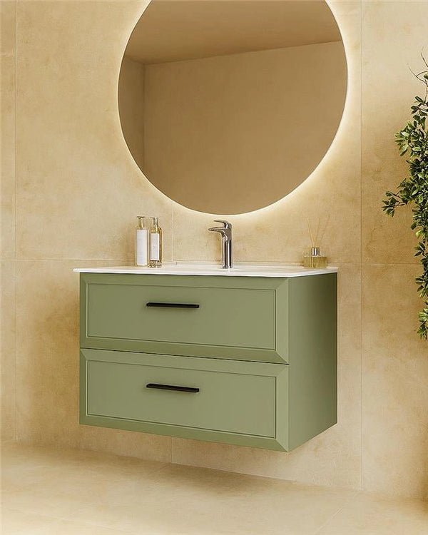 Mobile bagno muschio 100x45 Praga con lavabo in ceramica Musk in opaco e naturale con lavabo e rubinetteria, vista...