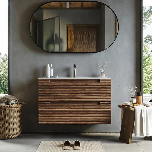 Mobile bagno noce 100x45 Mango due cassetti soft close effetto legno lavabo in ceramica lucida