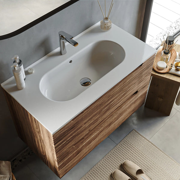 Mobile bagno noce 100x45 Mango due cassetti soft close effetto legno lavabo in ceramica lucida