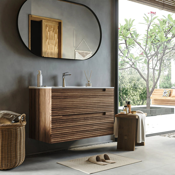 Mobile bagno noce 100x45 Mango due cassetti soft close effetto legno lavabo in ceramica lucida