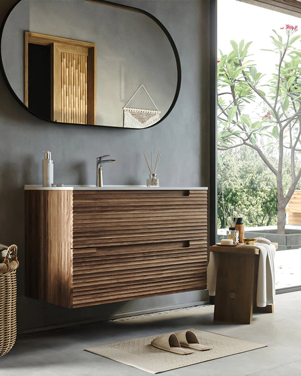 Mobile bagno noce 100x45 Mango effetto legno lavabo in Noce Scuro, vista laterale della struttura sospesa - Exagonshop