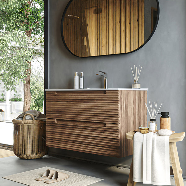 Mobile bagno noce 100x45 Mango due cassetti soft close effetto legno lavabo in ceramica lucida