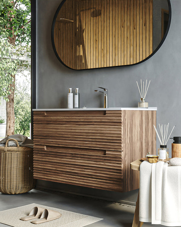 Mobile bagno noce 100x45 Mango effetto legno lavabo in Noce Scuro, dettaglio ravvicinato della finitura e del cassetto...