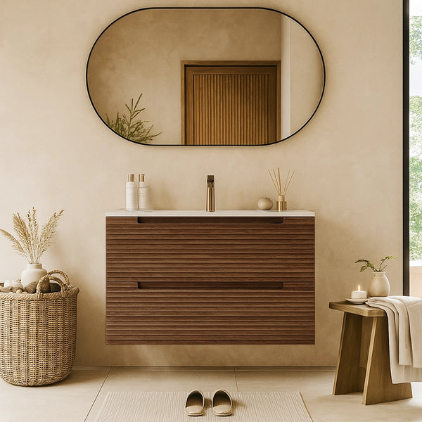 Mobile bagno noce 80x45 Mango due cassetti soft close effetto legno con lavabo in ceramica lucida