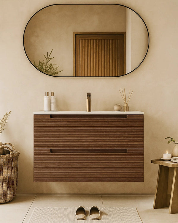Mobile bagno noce 80x45 Mango effetto legno con lavabo in Noce Scuro con lavabo e rubinetteria, vista frontale su sfondo...