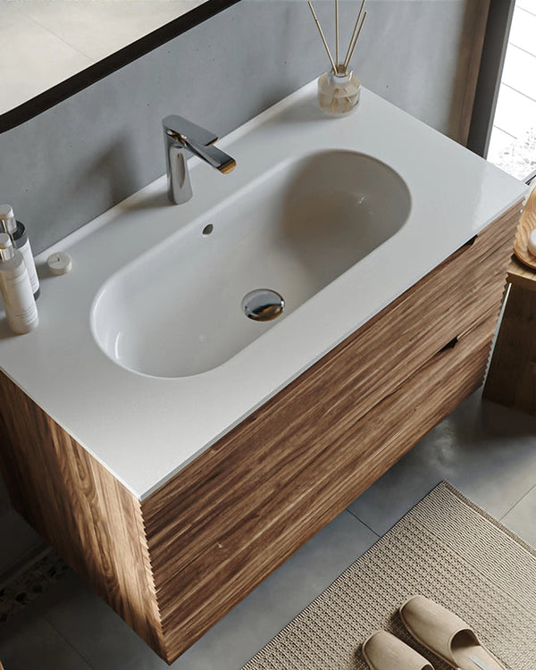 Mobile bagno noce 80x45 Mango effetto legno con lavabo in Noce Scuro, dettaglio ravvicinato della finitura e del cassetto...