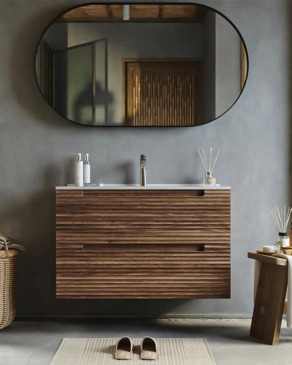 Mobile bagno noce 80x45 Mango effetto legno con lavabo in Noce Scuro ambientato in bagno moderno con specchio e accessori...