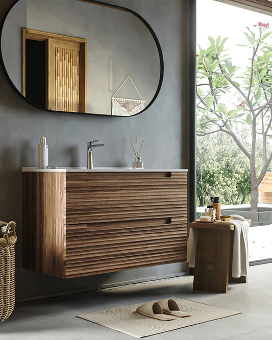 Mobile bagno noce 80x45 Mango effetto legno con lavabo in Noce Scuro, vista dall'alto del piano con lavabo - Exagonshop