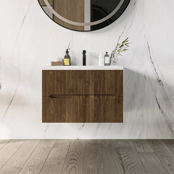Mobile bagno noce chiaro 70x46 cannettato Urbino due cassetti con lavabo in ceramica