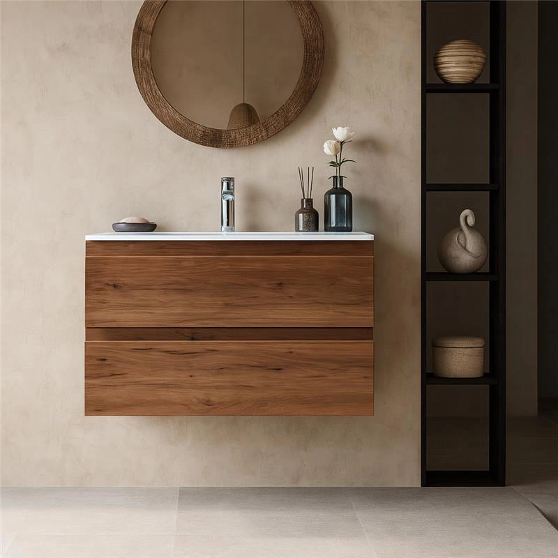Mobile bagno noce chiaro 90x45 Pesaro due cassetti con lavabo in ceramica