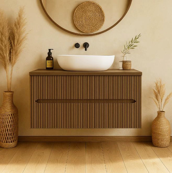 Mobile bagno noce chiaro 70x46 cannettati Urbino con ciotola da appoggio quadra in ceramica e due cassetti
