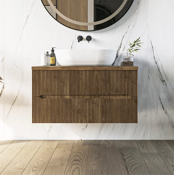 Mobile bagno noce chiaro 90x46 cannettati Urbino con ciotola da appoggio rettangolare in ceramica e due cassetti