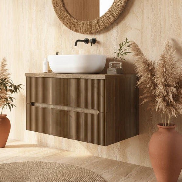 Mobile bagno noce chiaro 90x46 cannettato Urbino con ciotola appoggio in ceramica