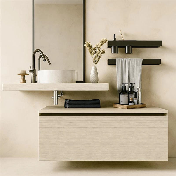 Mobile bagno olmo 90x50 Elsa un cassetto con top effetto legno e lavabo tondo da appoggio