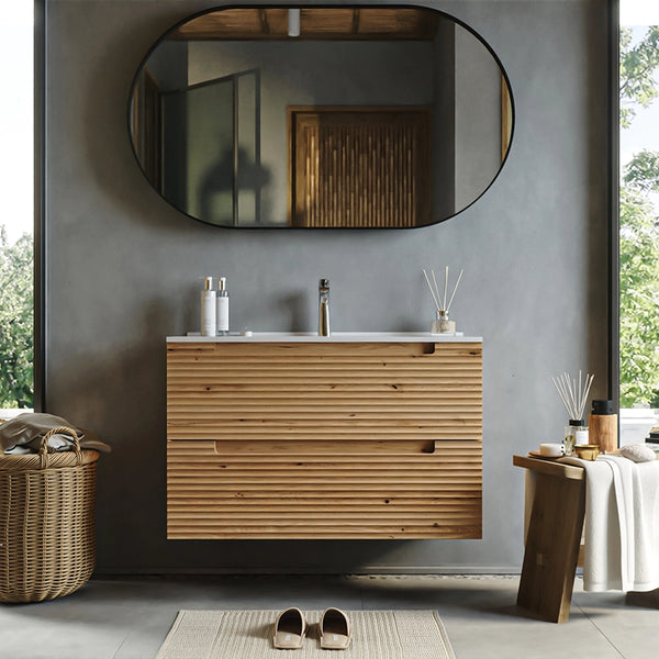 Mobile bagno rovere 100x45 Mango due cassetti soft close effetto legno con lavabo in ceramica lucida